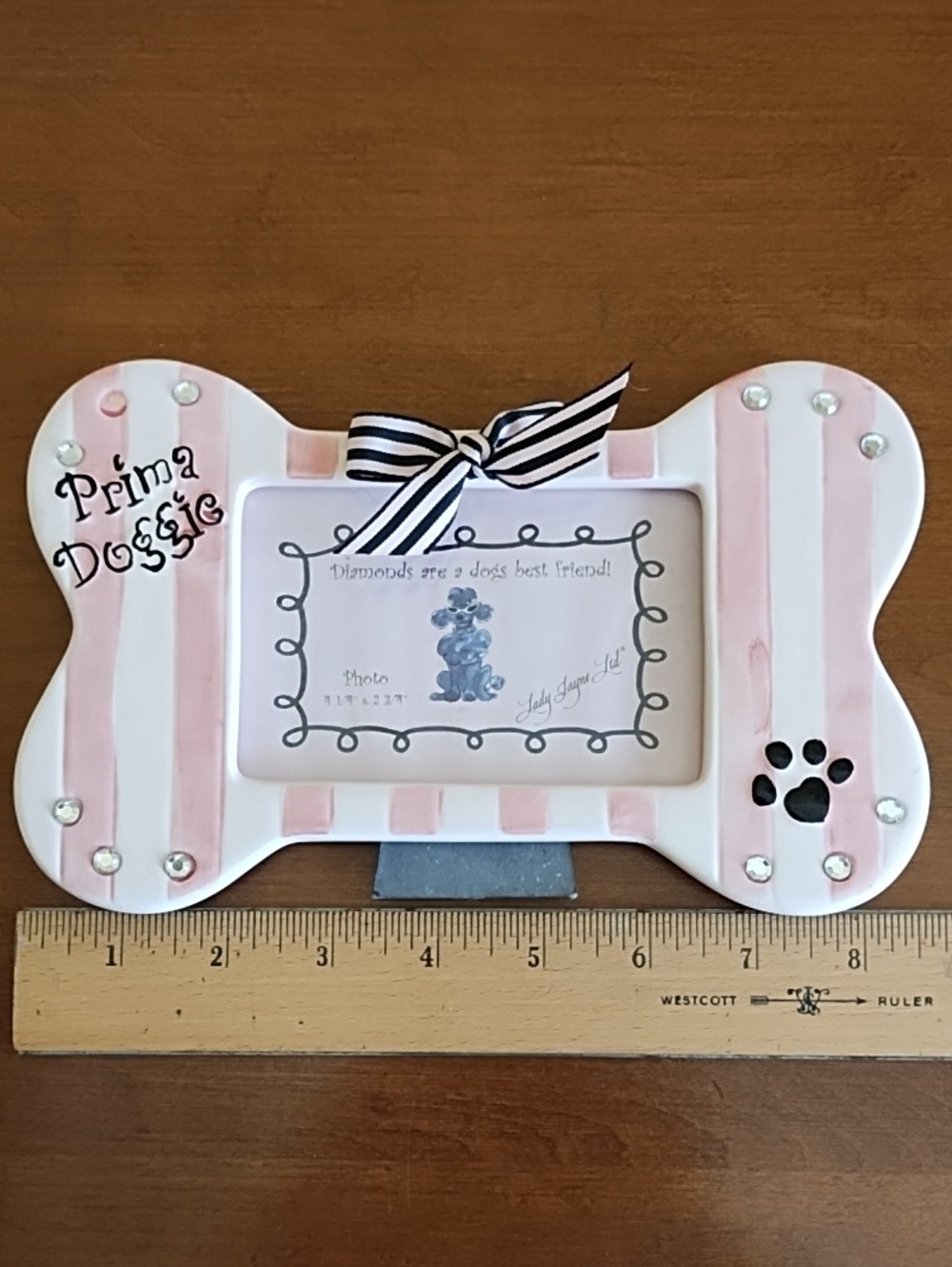 Lady Jayne Ltd Ceramic Dog Bone Picture Frame Pink Striped 3" x 4.75" Picture - Picture 2 of 6